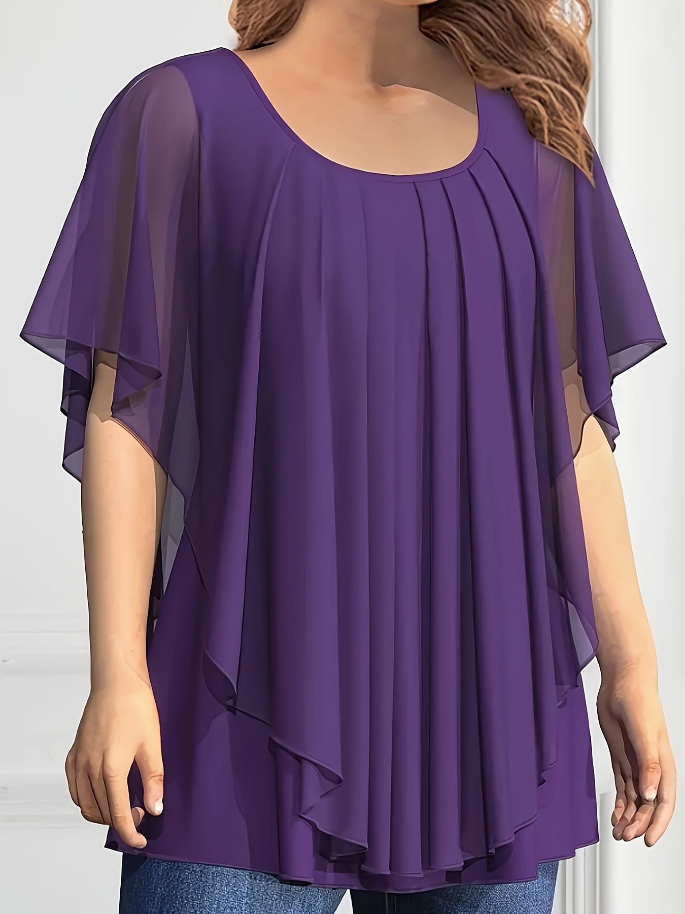 Plus o'lchamli bukilgan qisqa qo'lli bluz, kundalik krujka bo'yinli yozgi ayollar kiyimlari