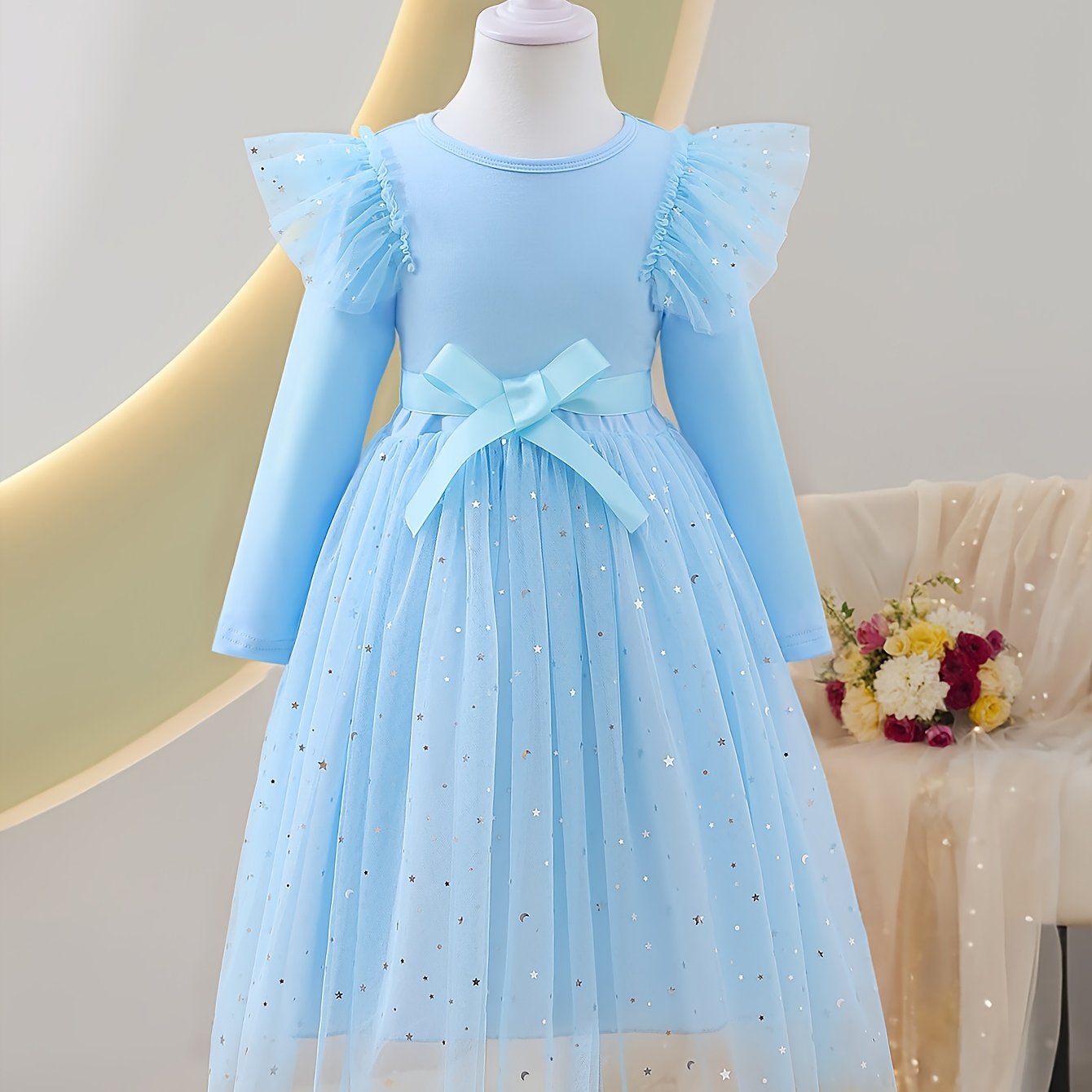 Girls Long Sleeve Tulle Hem A-line Dress for Spring Fall Casual Party Outdoor