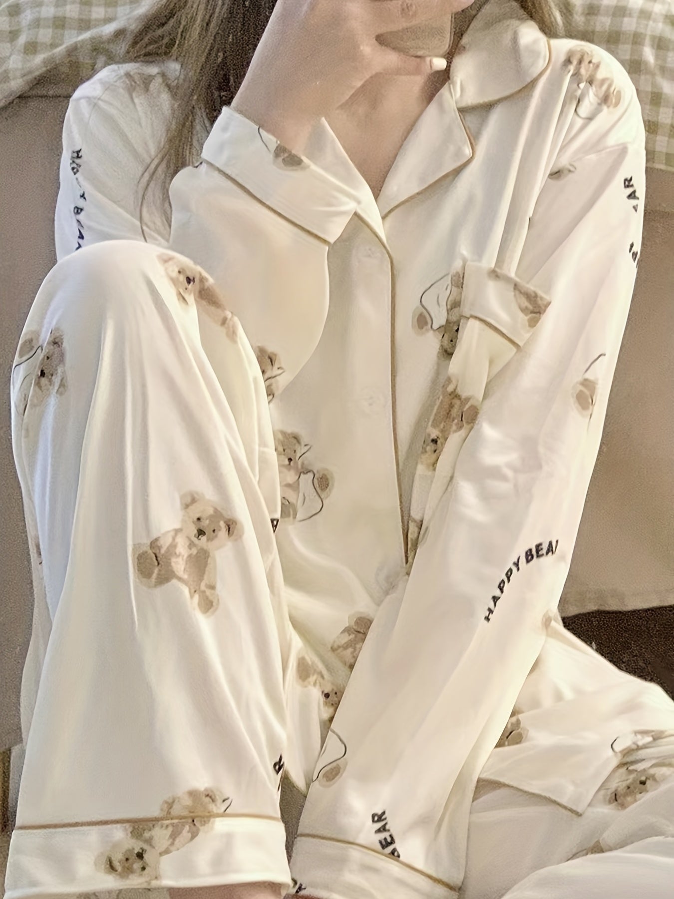 Women's Cartoon Bear Print Pajama Set Long Sleeve Blouse and Elastic Waist Pants