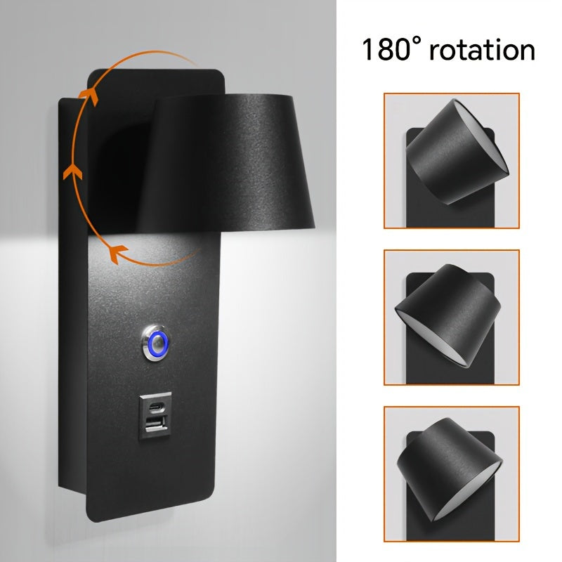 Регулируемая светодиодная настенная лампа с поворотным рычагом, регулируемой цветовой температурой, сенсорным управлением, USB-портом, для помещений, черная, белая