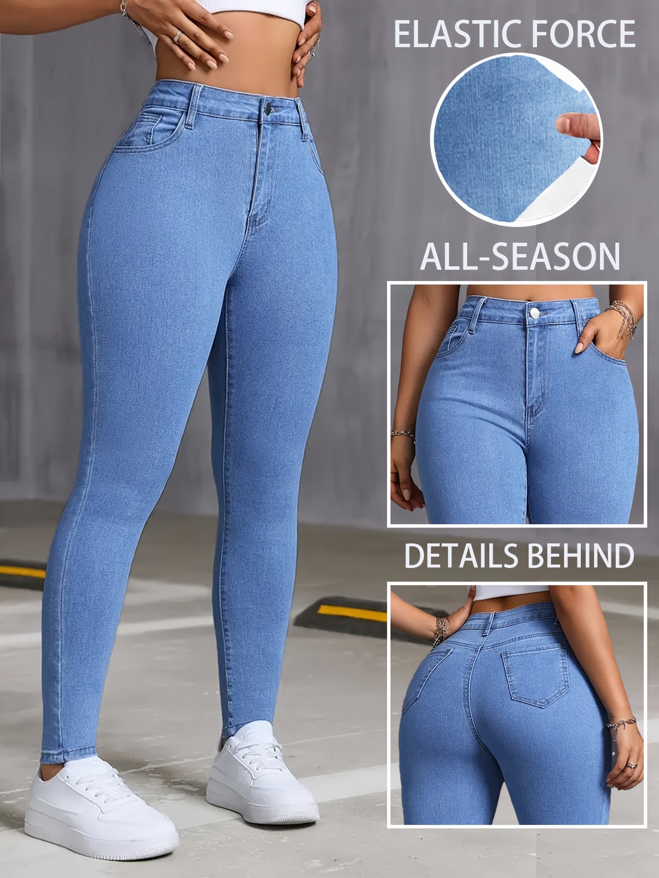 Jeans ajustados de talle alto para mujer de talla grande en mezclilla elástica negra