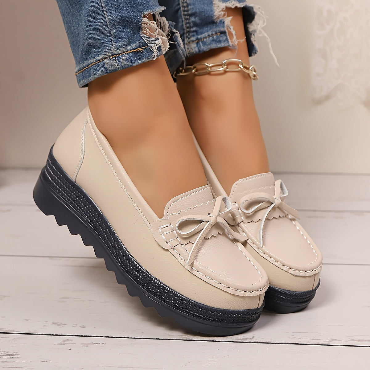 Women's Black Faux Cover Slip-On Loafers with Bow, Lightweight, Comfortable