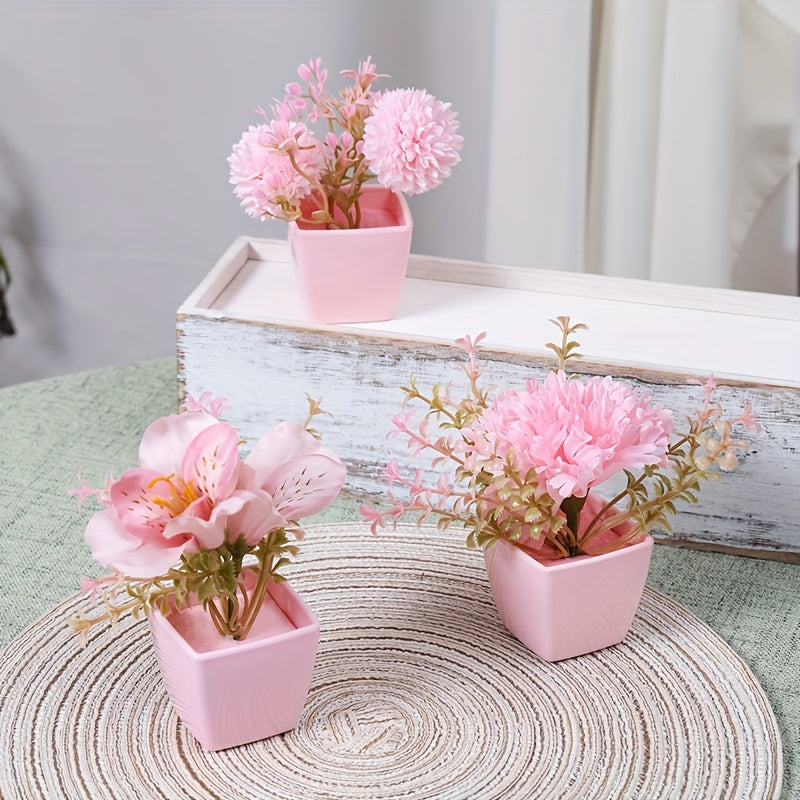 Mini Pink Artificial Plants with Faux Rose and Peach Embroidered Ball Flowers for Wedding Home Office Decor