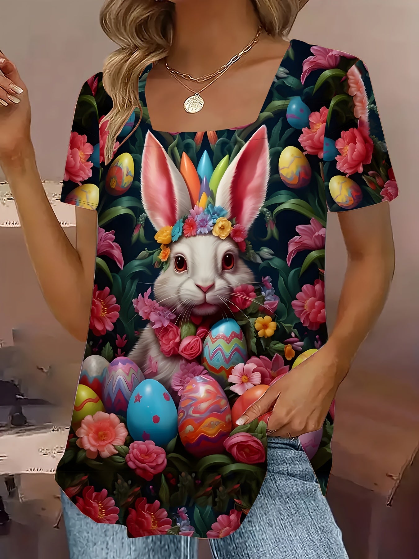 Plus Size Women's Graphic T-Shirt Easter Bunny Floral Spring Casual Short Sleeve