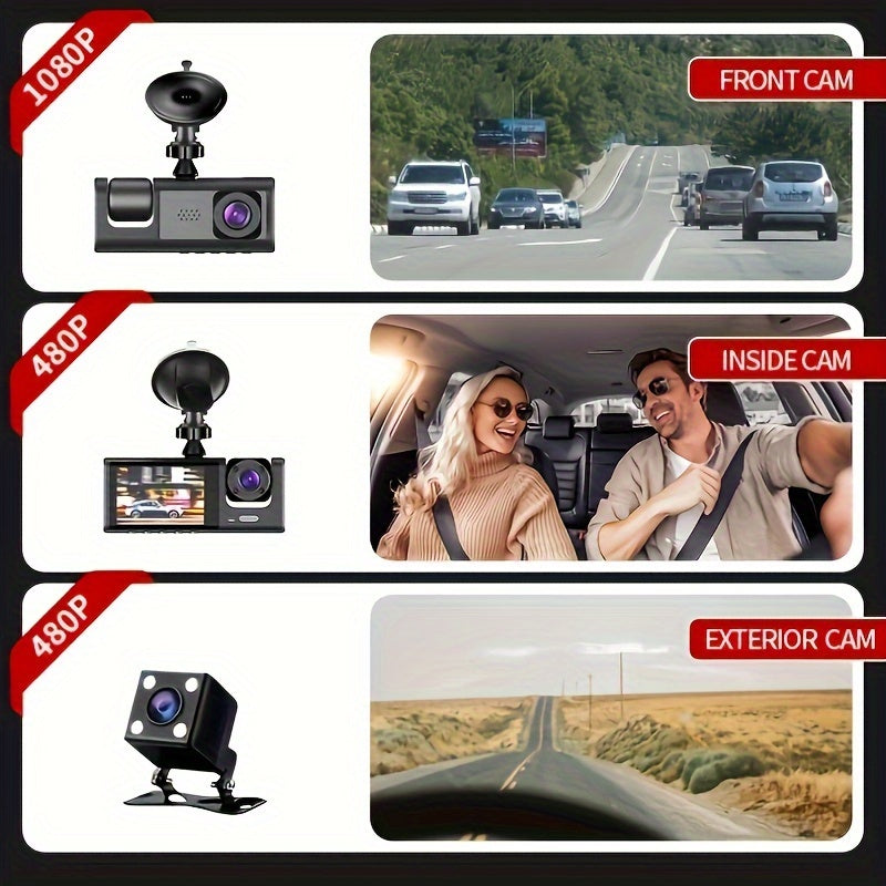 3-Channel Car Dash Camera with 1080P Night Vision and Wide-Angle Lenses
