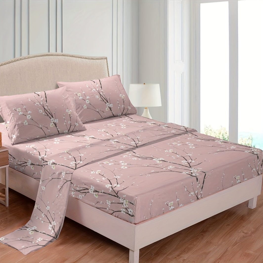 Set of Four Flower Print Fitted Sheets with Pillowcases Breathable Soft Cotton