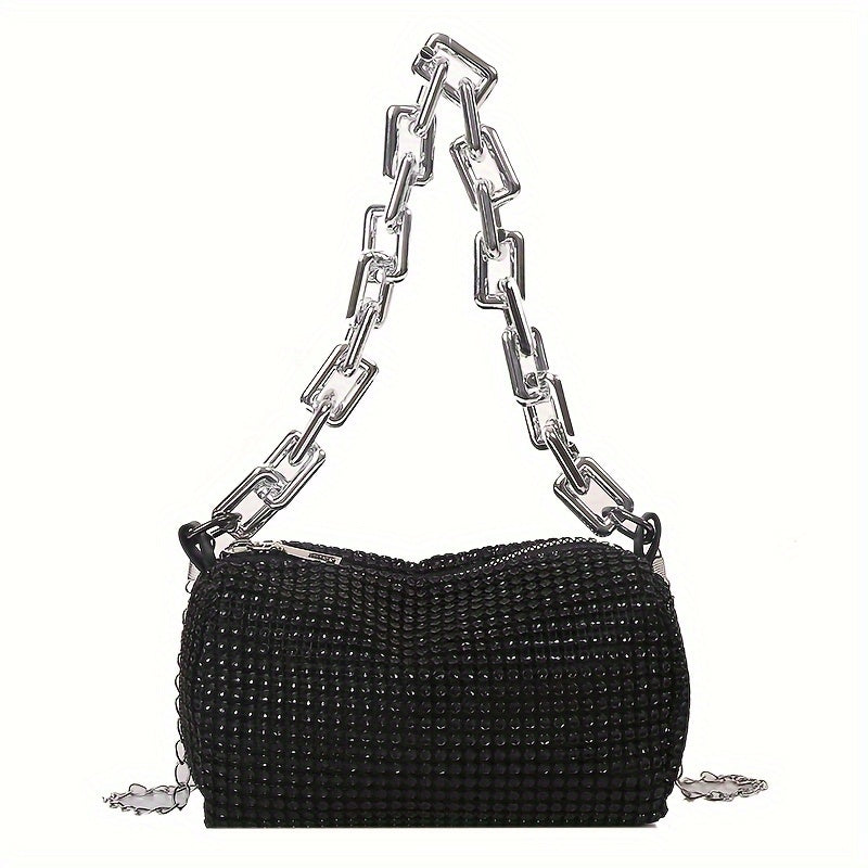 Silver Grey Glitter Evening Bag with Chain Strap and Zipper Closure