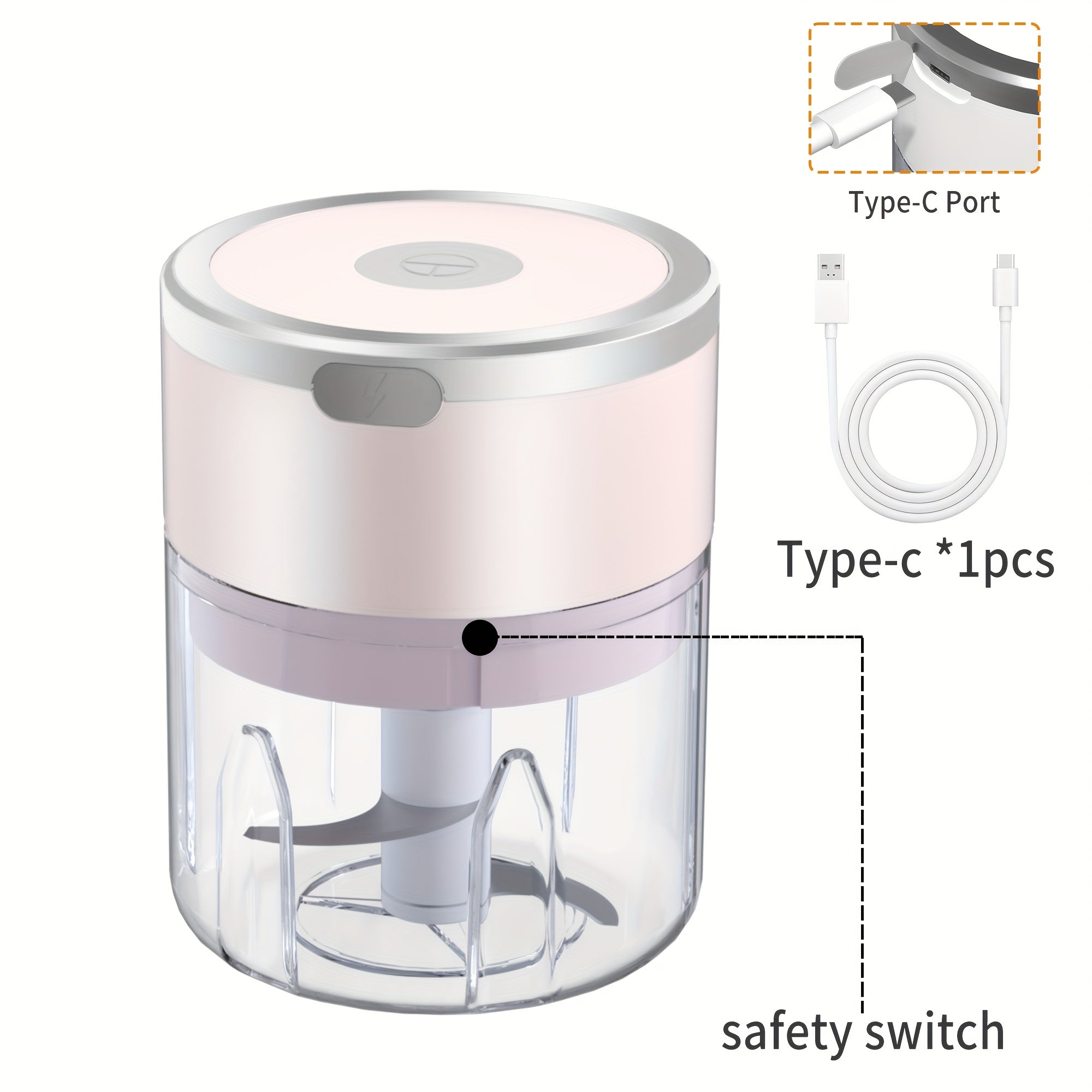 Stainless Steel Blade bilan USB qayta zaryadlanadigan Mini Ovqatni tayyorlash qurilmasi, simsiz oshxona blenderi, 1200RPM, tezlikni boshqarish, oson tozalash, 8.45oz sig‘imi, Litiy batareya, Plastmassa PP material