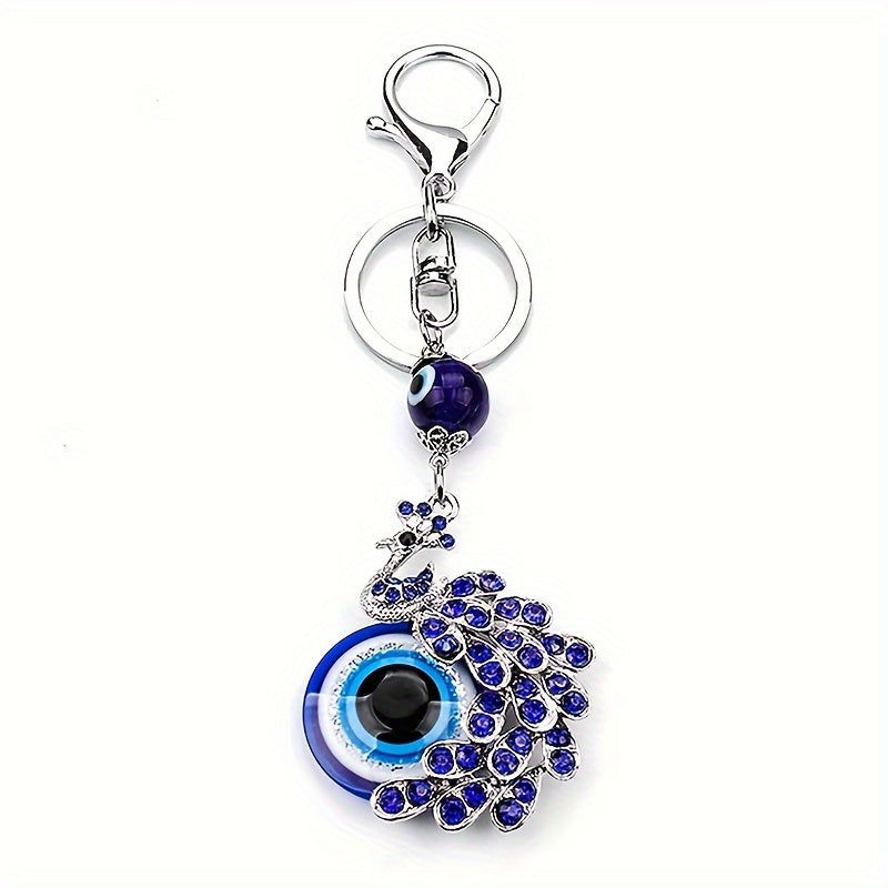 Blue Evil Eye Keychain with Rhinestone Peacock Design Alloy Bag Charm for Women