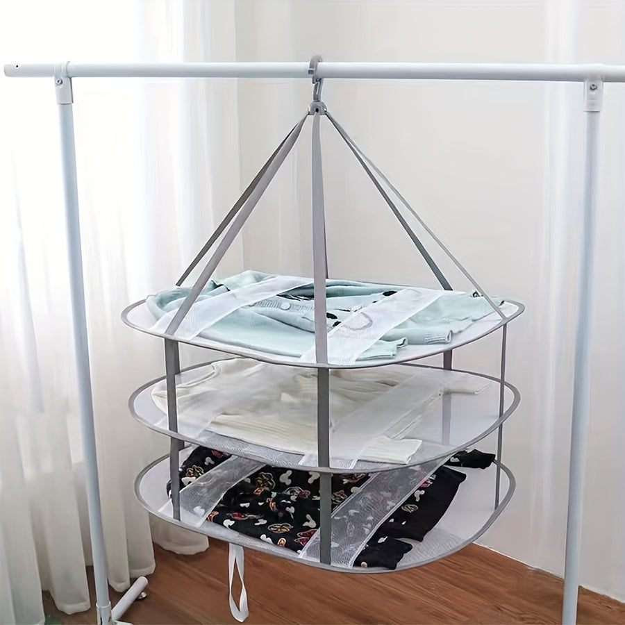 Grey Three-Story Clothes Dryer with Mesh Netting for Large Items and Wind Protection