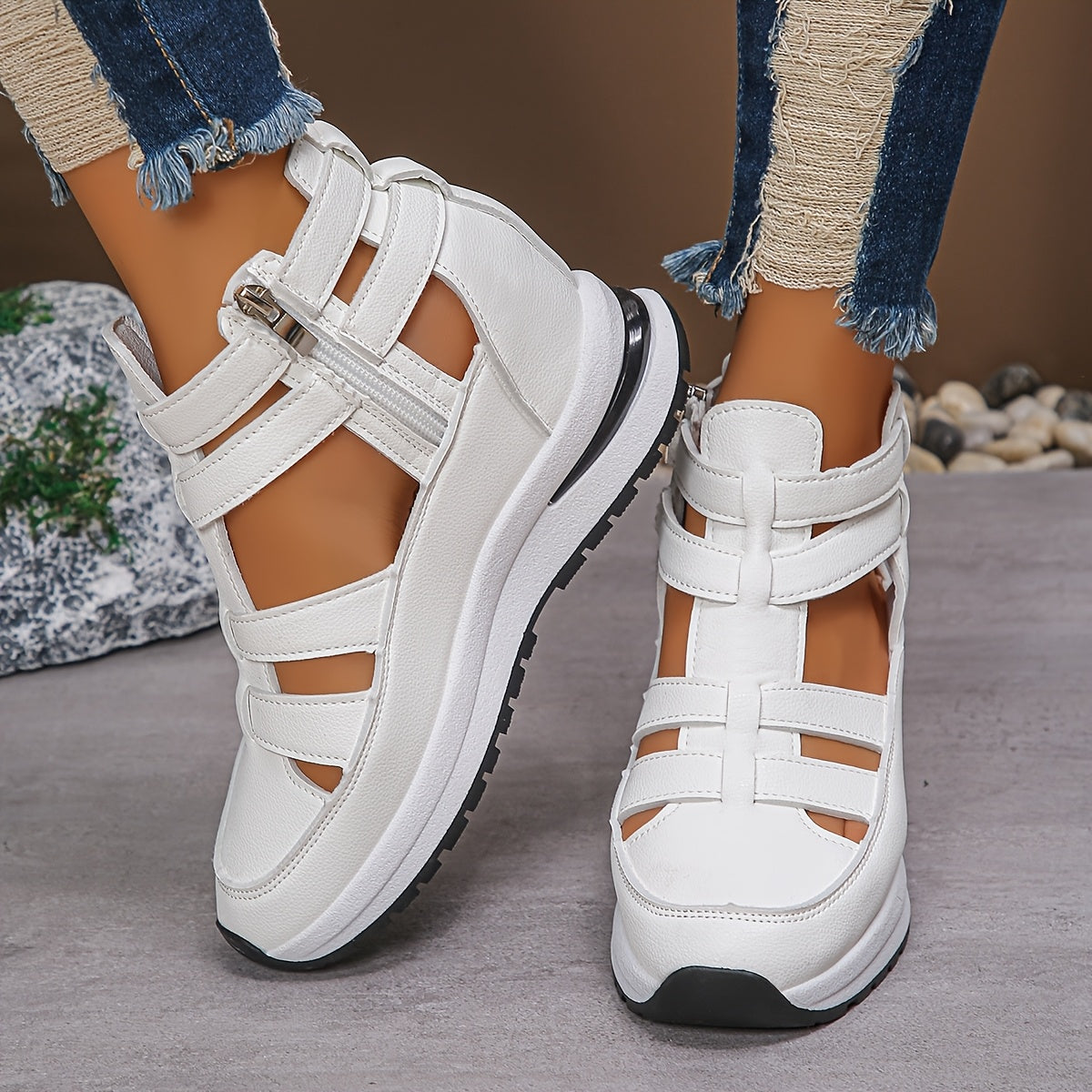Women's White Wedge Sandals Hollow-Out Design Summer Casual Shoes