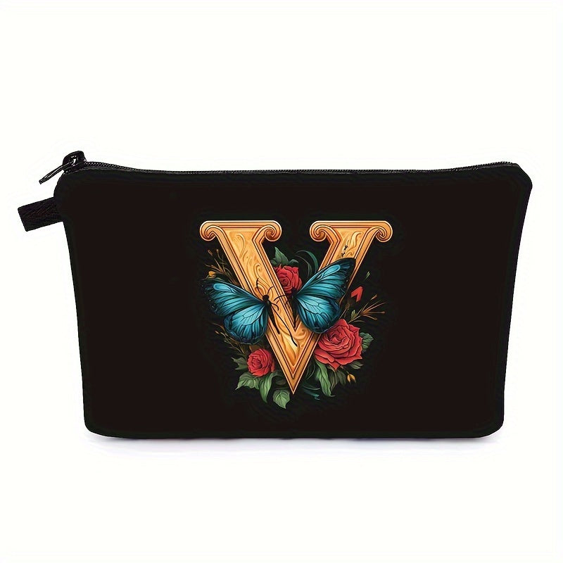 Bolsa de maquillaje negra para mujer con patrón de mariposas y flores para organizar los esenciales de belleza