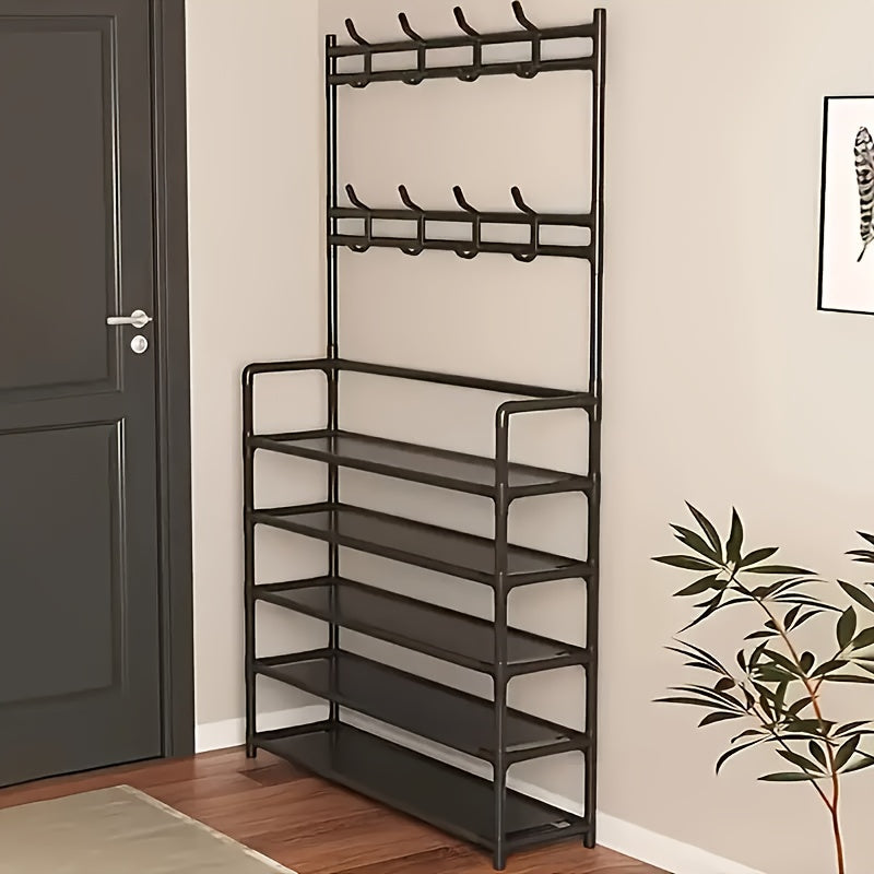 Black Metal Entryway Organizer Coat Rack with Hooks and Shoe Shelves 152.4cm