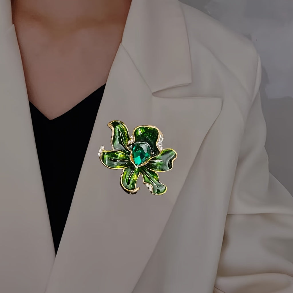 Green Oil Drop Crystal Multi-Layer Flower Brooch for Sweaters Shirts Clothing