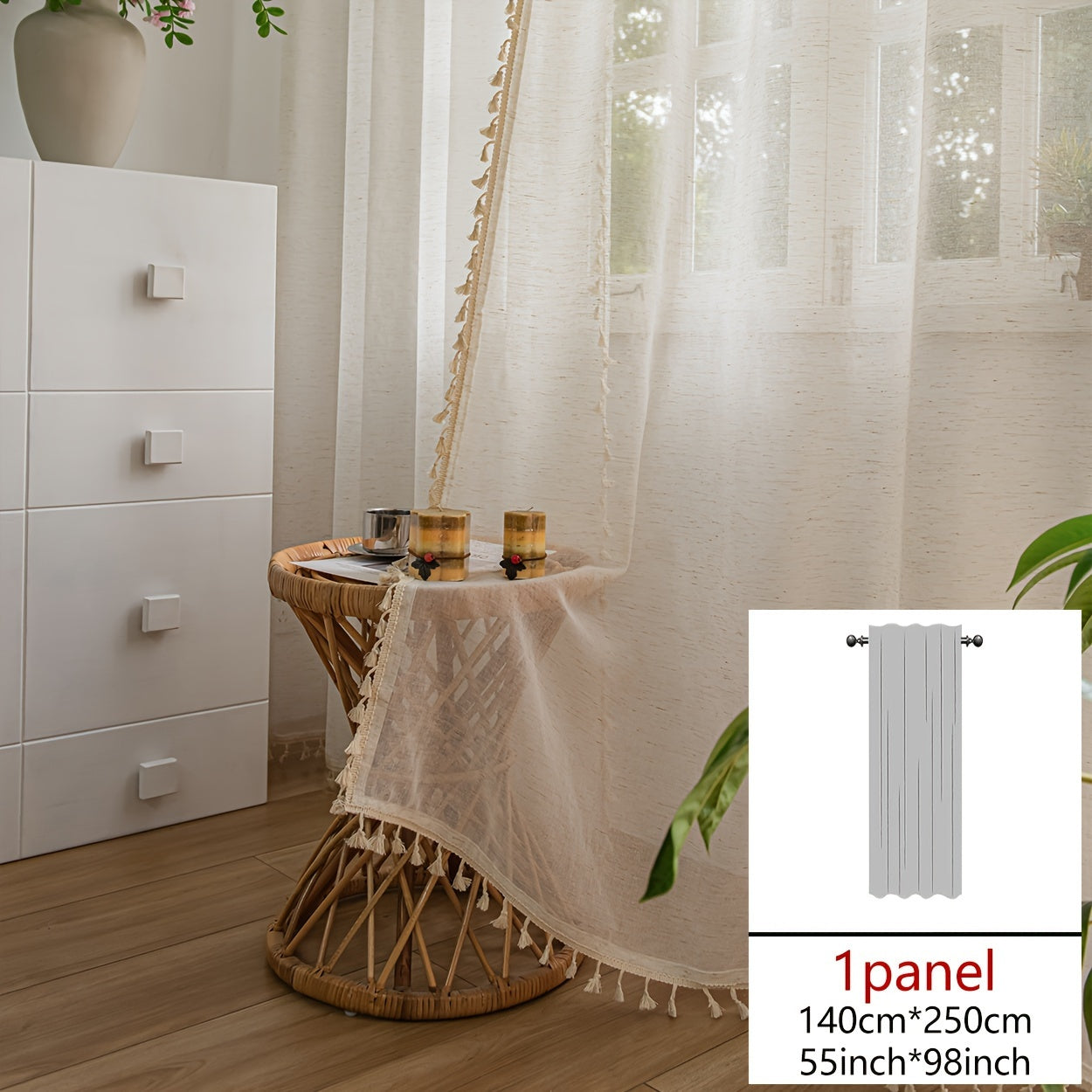 Linen Bohemian Lace Curtain with Rod Design Natural Wood Color Single