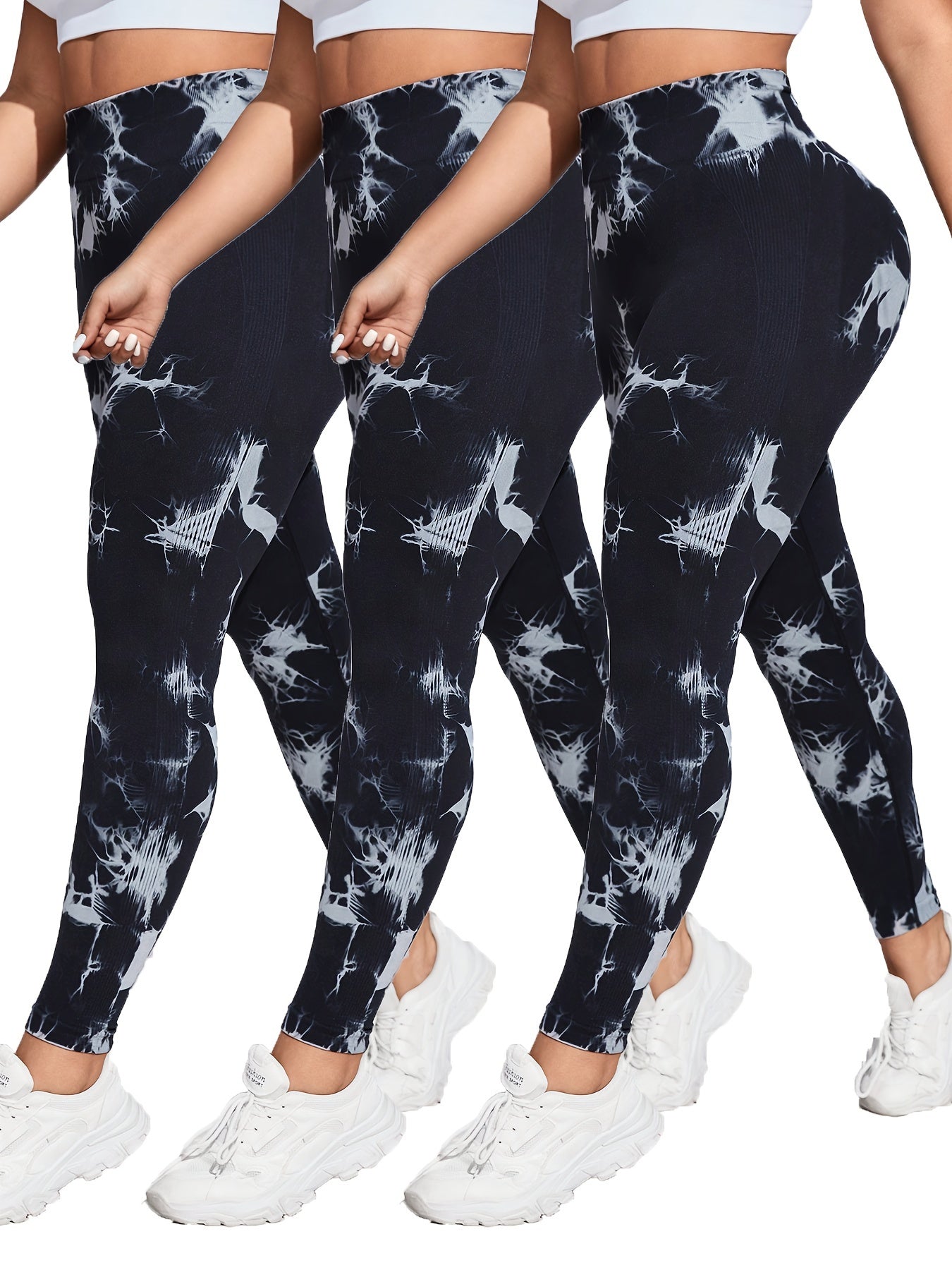 Plus Size Women Seamless Quick-Dry Tie-Dye High Waist Yoga Leggings 3 Pack