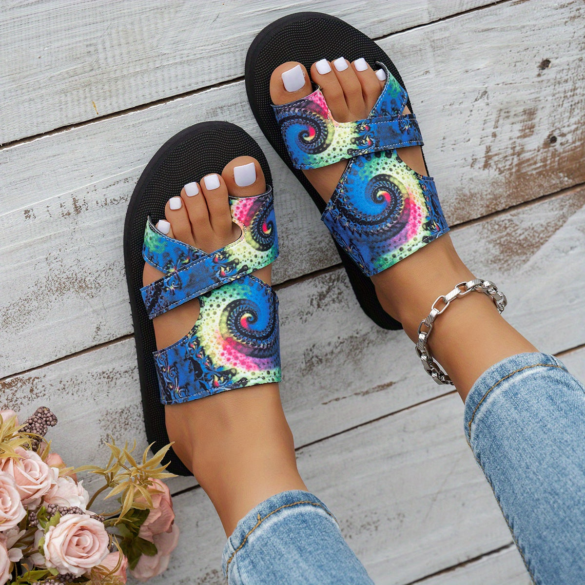 Women's Bohemian Checkered Mesh Slip-On Sandals Open-Toe Summer Footwear