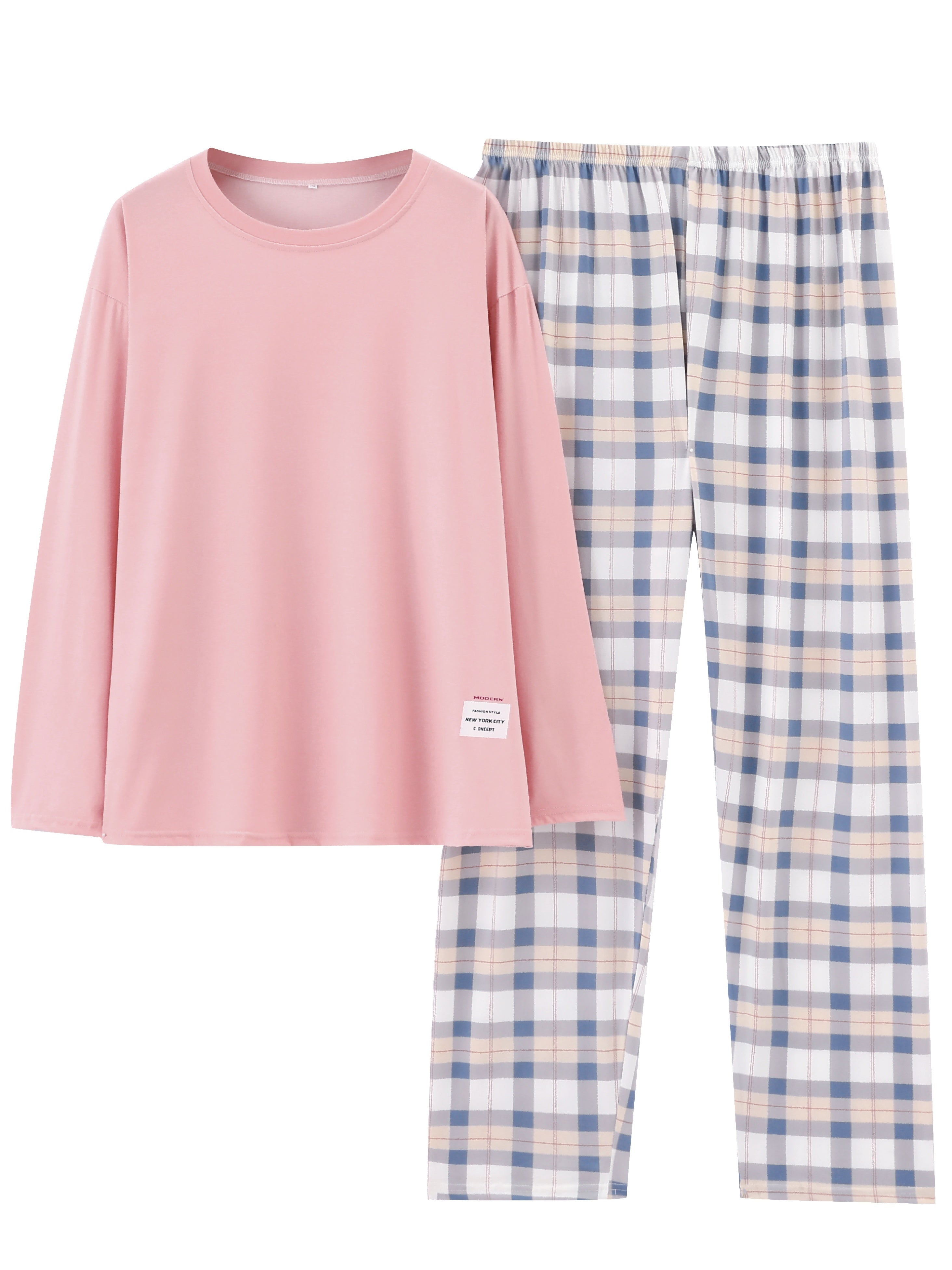 Teen Plaid Long Sleeve Pajama Set for Spring and Fall Polyester Casual Home Wear