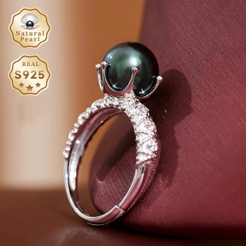 Vintage-Inspired Open Silver Ring with Black Pearl 8-9mm for Weddings and Birthdays