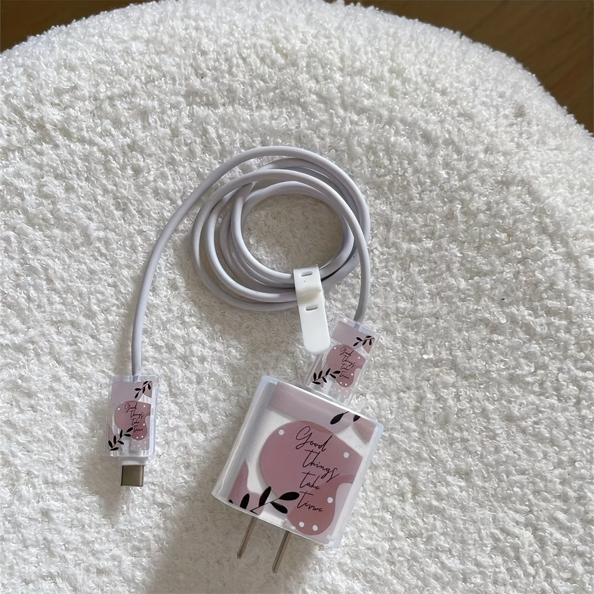 5-Piece Phone Case Set for iPhone 16/15/14/13/12/11 Series TPU Protective Cover with Flower Transparent Case Charger Case Data Cable Cases and Silicone Tie