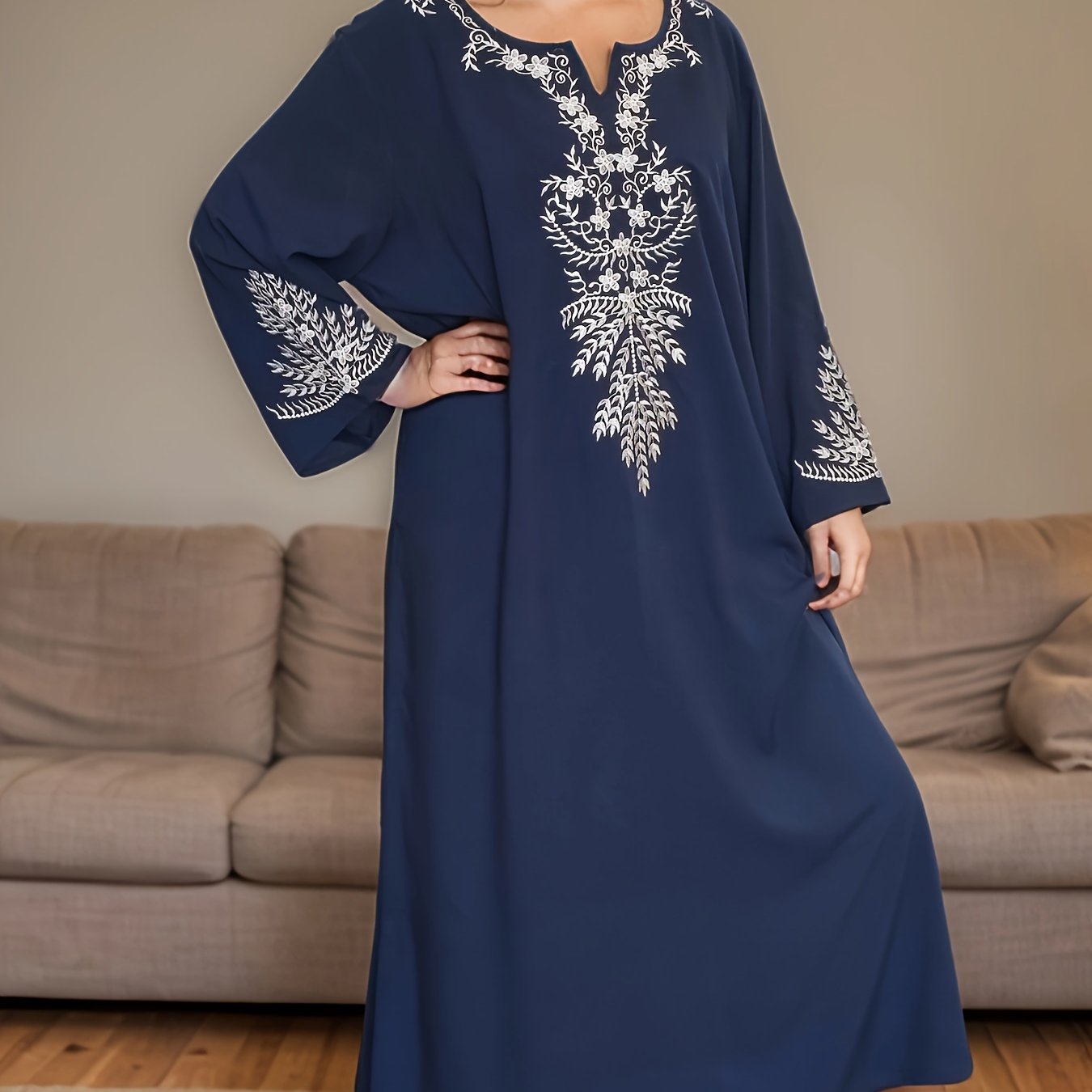 Women's Plus Size Black Blue Bohemian Floral Nightgown with 3/4 Sleeves