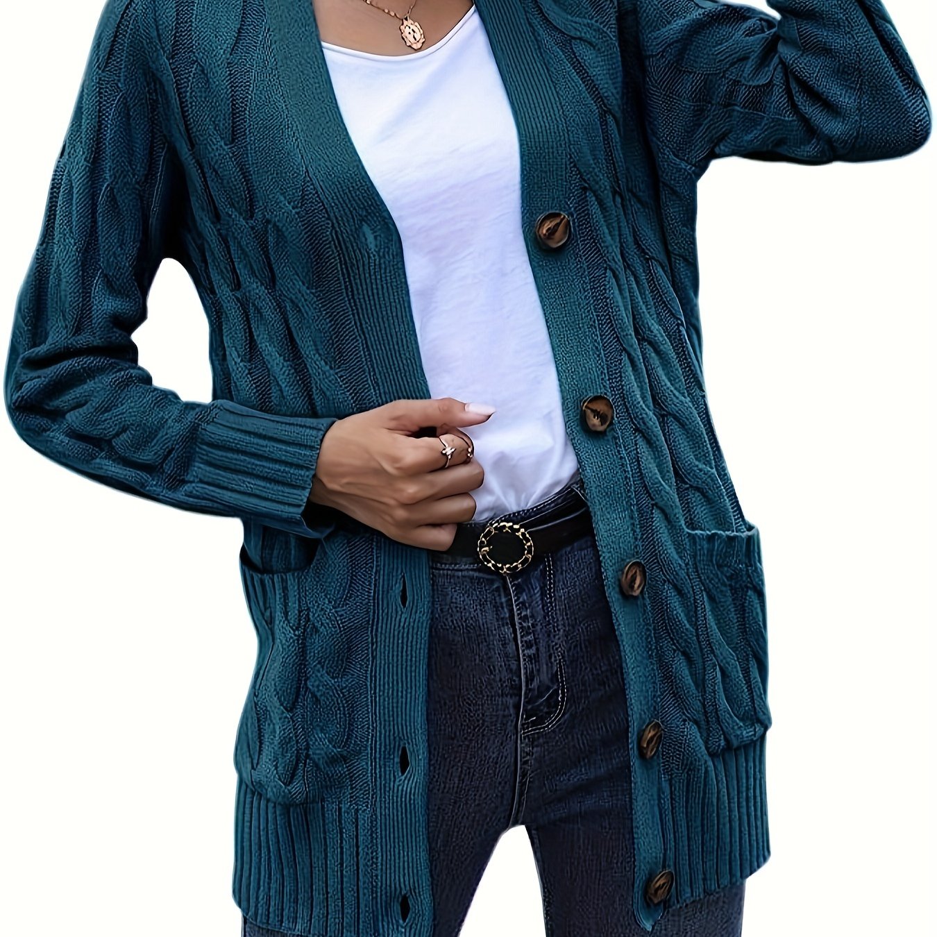 Plus o'lchamdagi ayollar uchun kabel to'qilgan uzun qo'lqopli kardigan, tugmachali