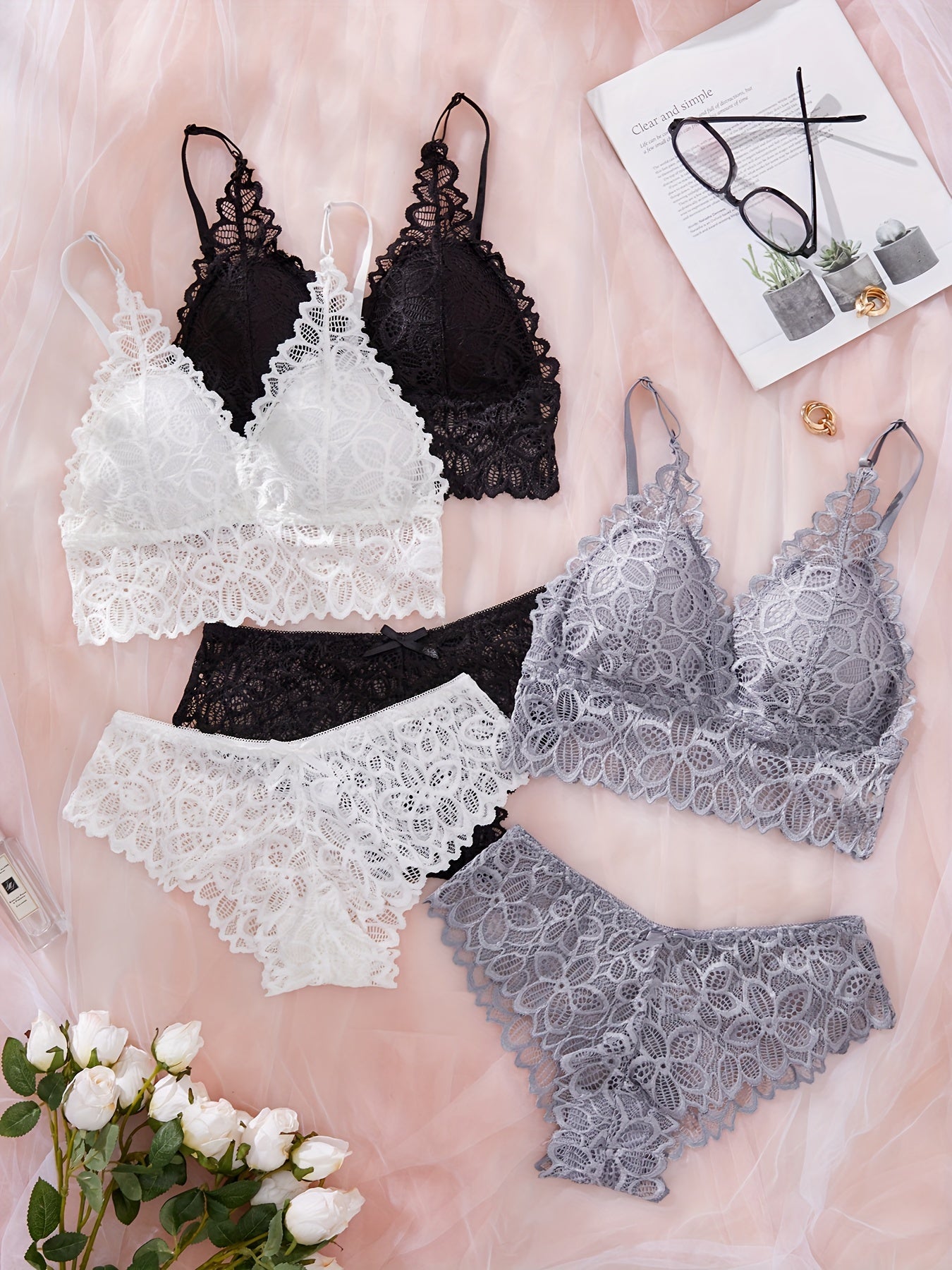 Women's Lace Lingerie Set with Wireless Bra, Panties, Removable Pads, Nylon Blend, 6-Piece