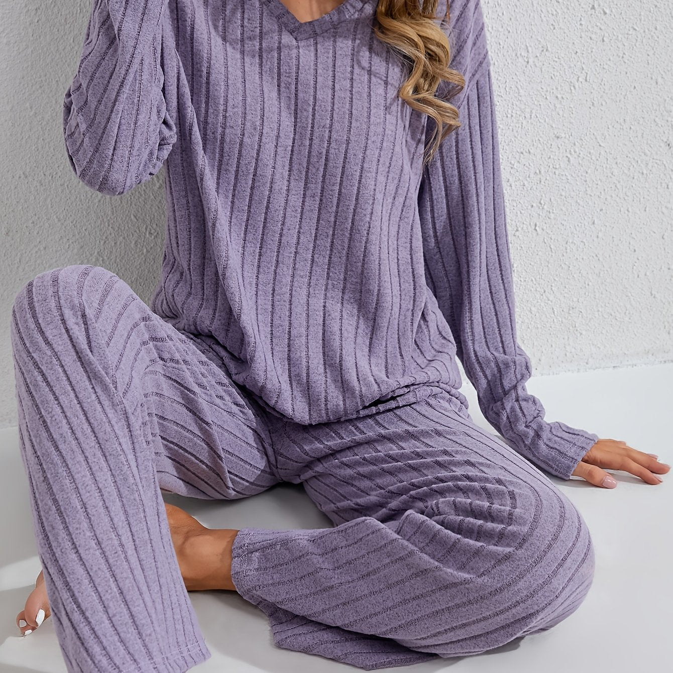Women's Long Sleeve Pajama Set with Pants for Autumn Winter Solid Color Micro Elastic Polyester