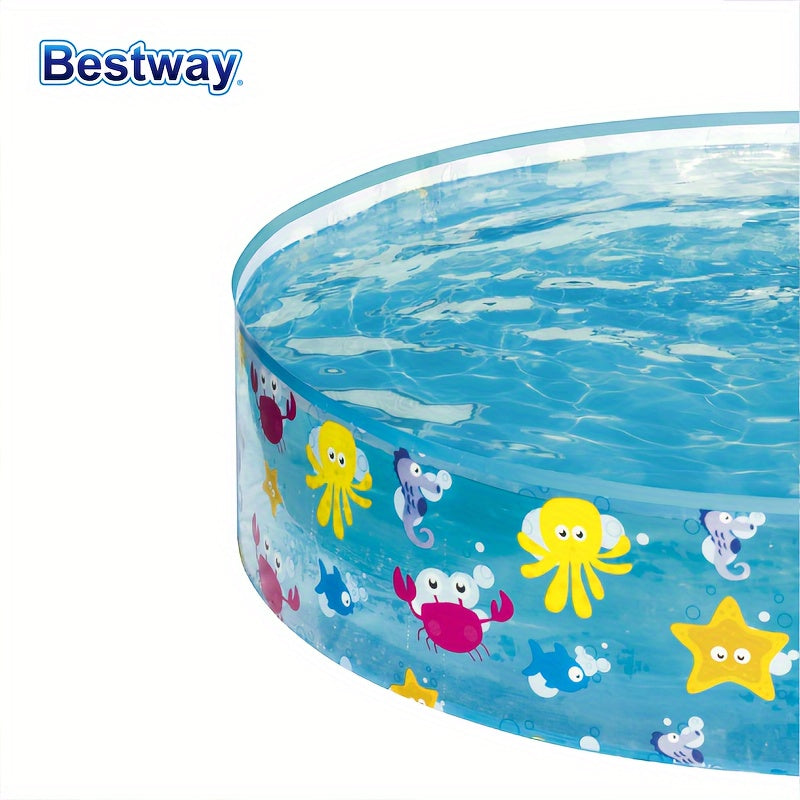 Bestway portativ shishiriladigan basseyn, dengiz hayotiga mo'ljallangan dizayn, mustahkam PVC, oson to'ldirish va bo'shatish, qiziqarli suv o'yinlari uchun.