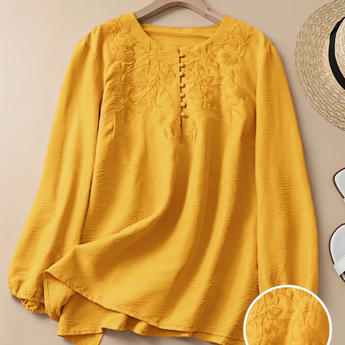 Floral Embroidered Long Sleeve Shirt for Women Made of Polyester and Spandex