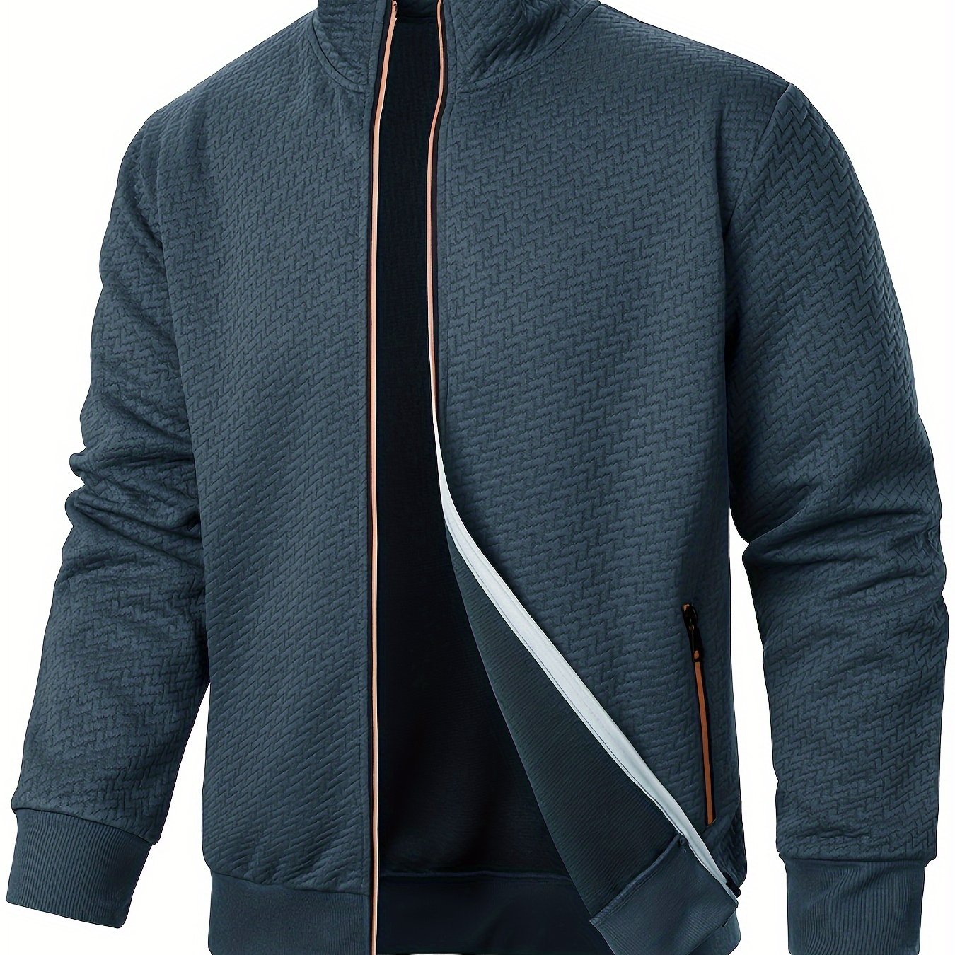 Men's Polyester Jacquard Zip Up Jacket with Stand Collar and Hoodie for Spring Fall Winter