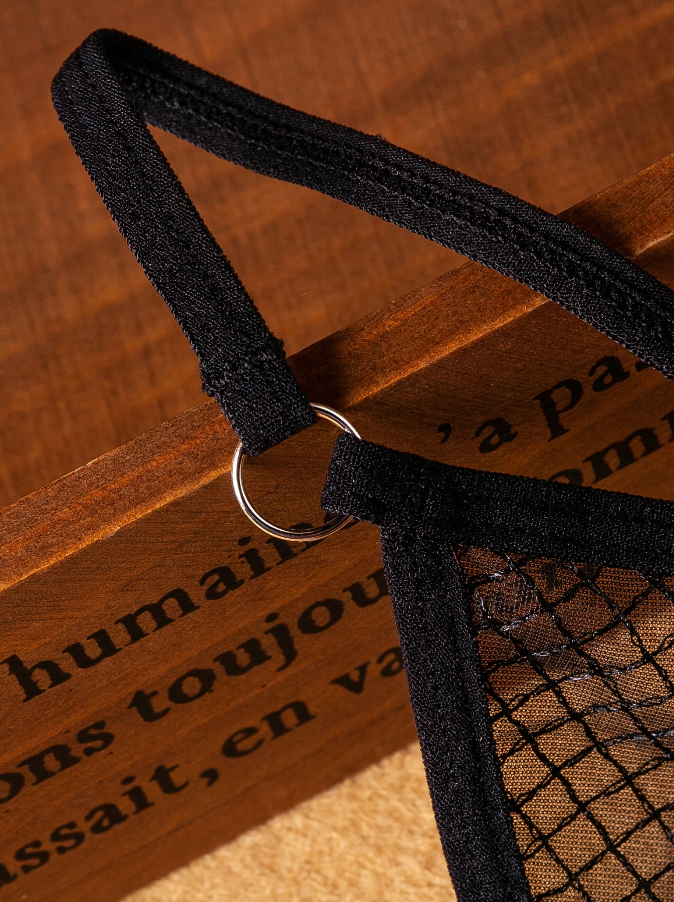 Women’s Mesh Plaid Thong Panties with Love Heart Embroidery and Rhinestones