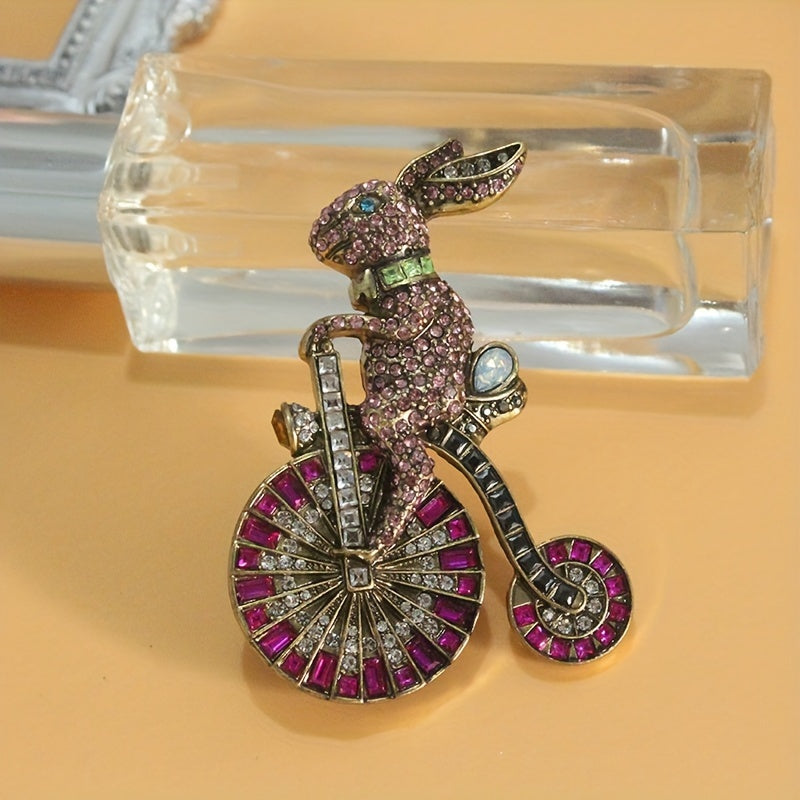 Retro Bunny Bicycle Shaped Rhinestone Brooch for Women