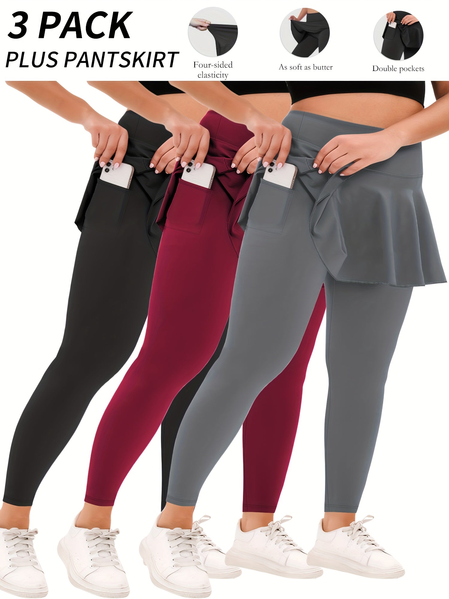 Plus Size Women Tennis Skirted Leggings with Pockets Capris Yoga Wear