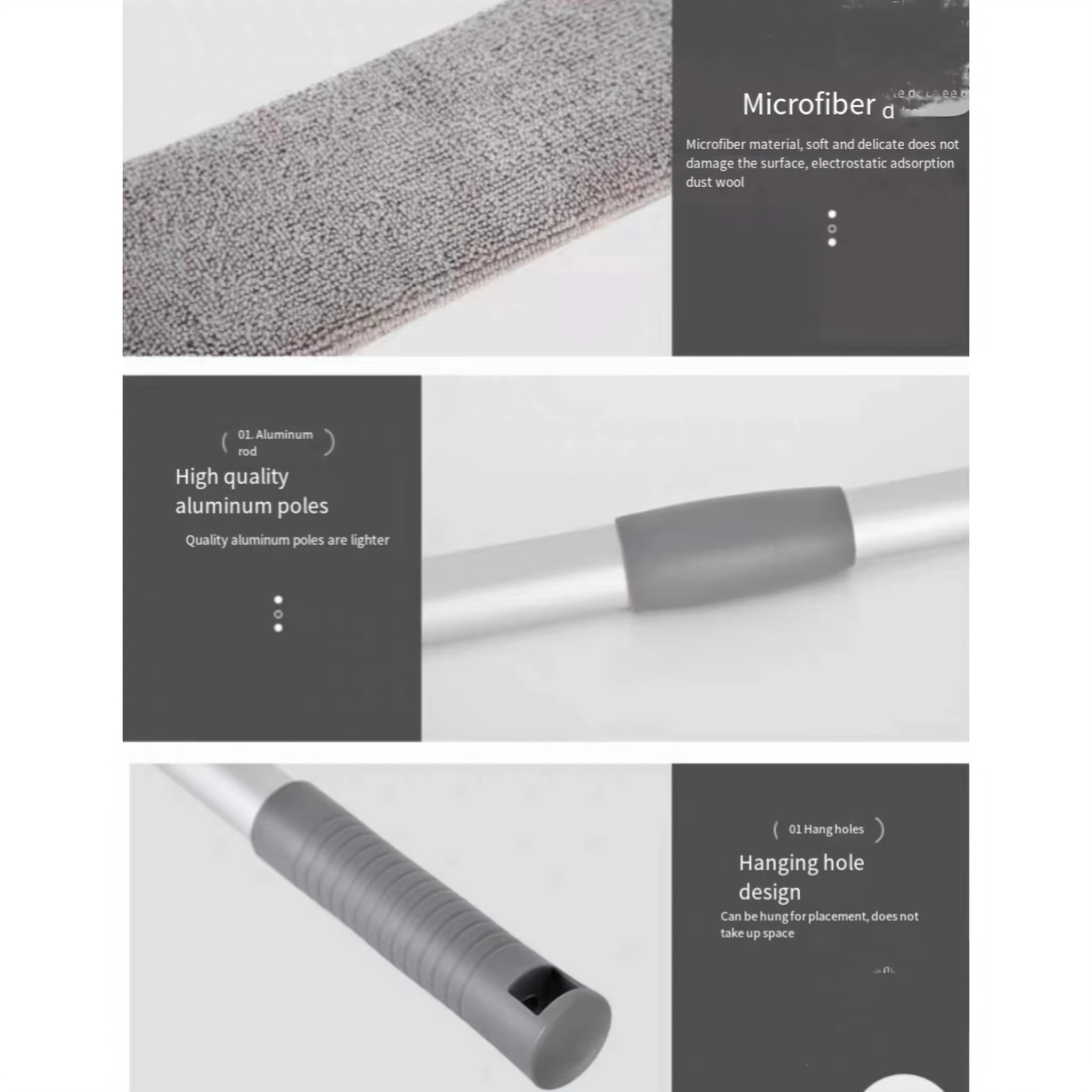 Uzoq muddatli chang tozalash cho'tkasi: Samarali tozalash uchun mustahkam alyuminiy ustunlar va mikrofiber material.