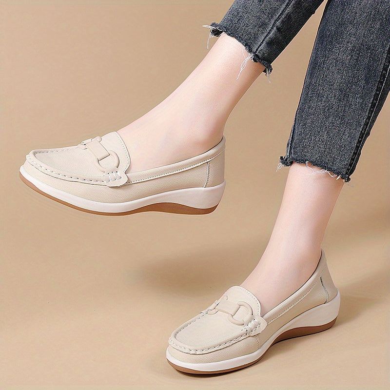 Women's Beige Slip-On Loafers Casual Flats Rounded Toe Low-Top Upper