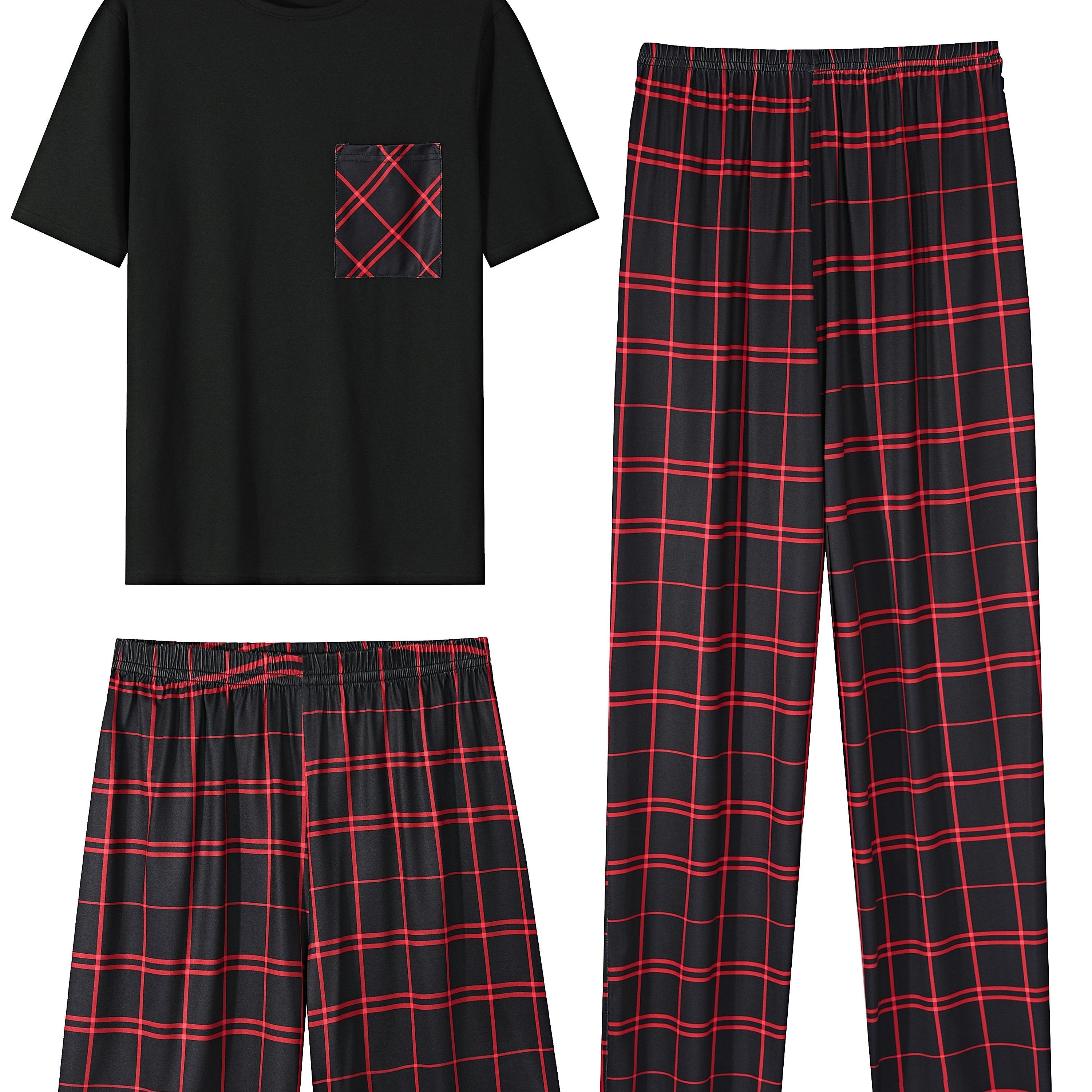 3-Piece Plaid Pajama Set Short Sleeve Crew Neck Top with Pocket Medium Stretch Polyester All-Season Comfort