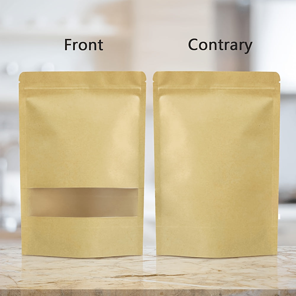 60 Kraft qog'oz sumkalar, qayta ishlatiladigan yopish zipperslari, shaffof oynalar, oson yirtiladigan U-shaklidagi dizayn bilan