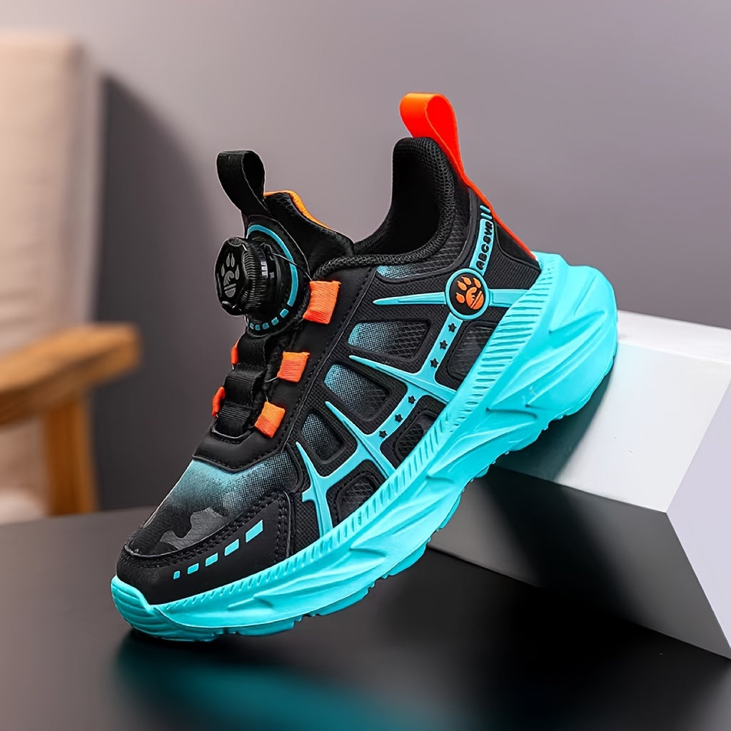 Boys Running Shoes Breathable Non-Slip PU Sneakers with Rotating Buckle Low Top