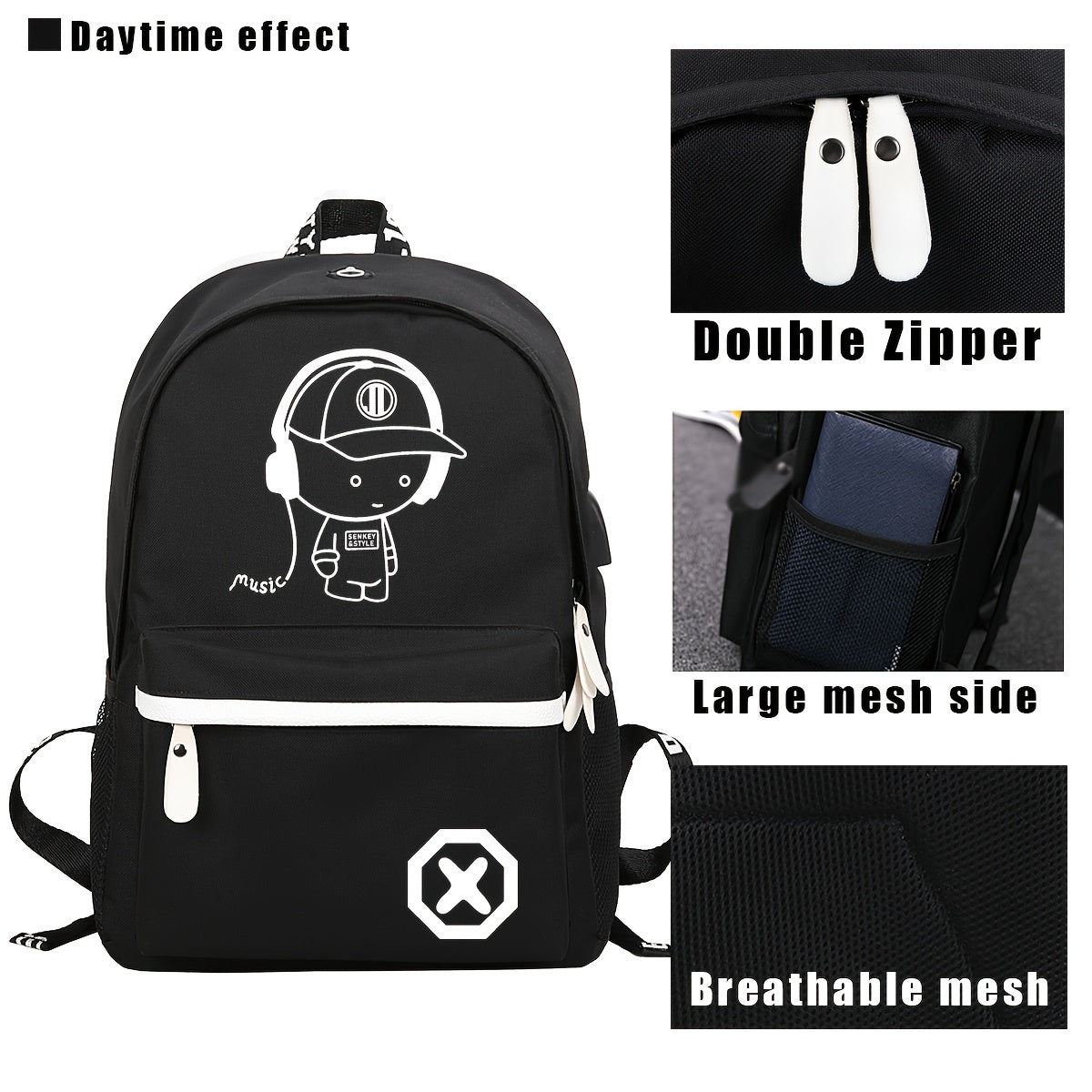 Kundalik erkaklar uchun katta sig'imli 15.6 dyuymli noutbuk uchun backpack to'plami, fluorescent kechki dizayni, sayohat sumkasi, 3 ta qism