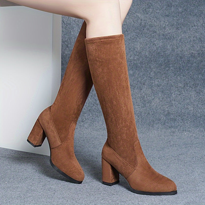 Women's Mid Calf Boots Leather Chunky Heel Casual Long Outdoor Shoes