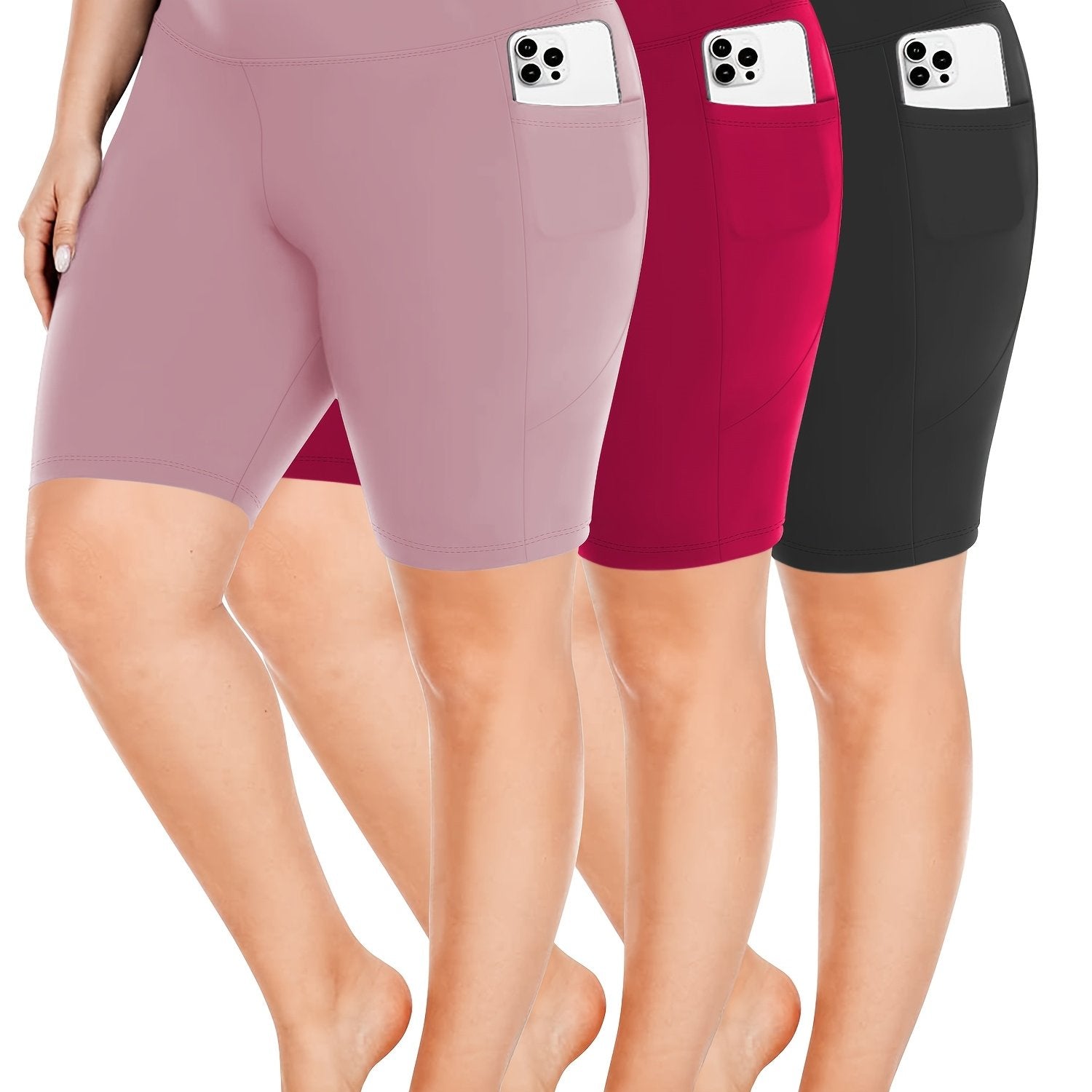 Ayollar uchun kattaroq o'lchamli yuqori belli bir rangli shortlar faoliyat kiyimlari to'plami, 3 ta