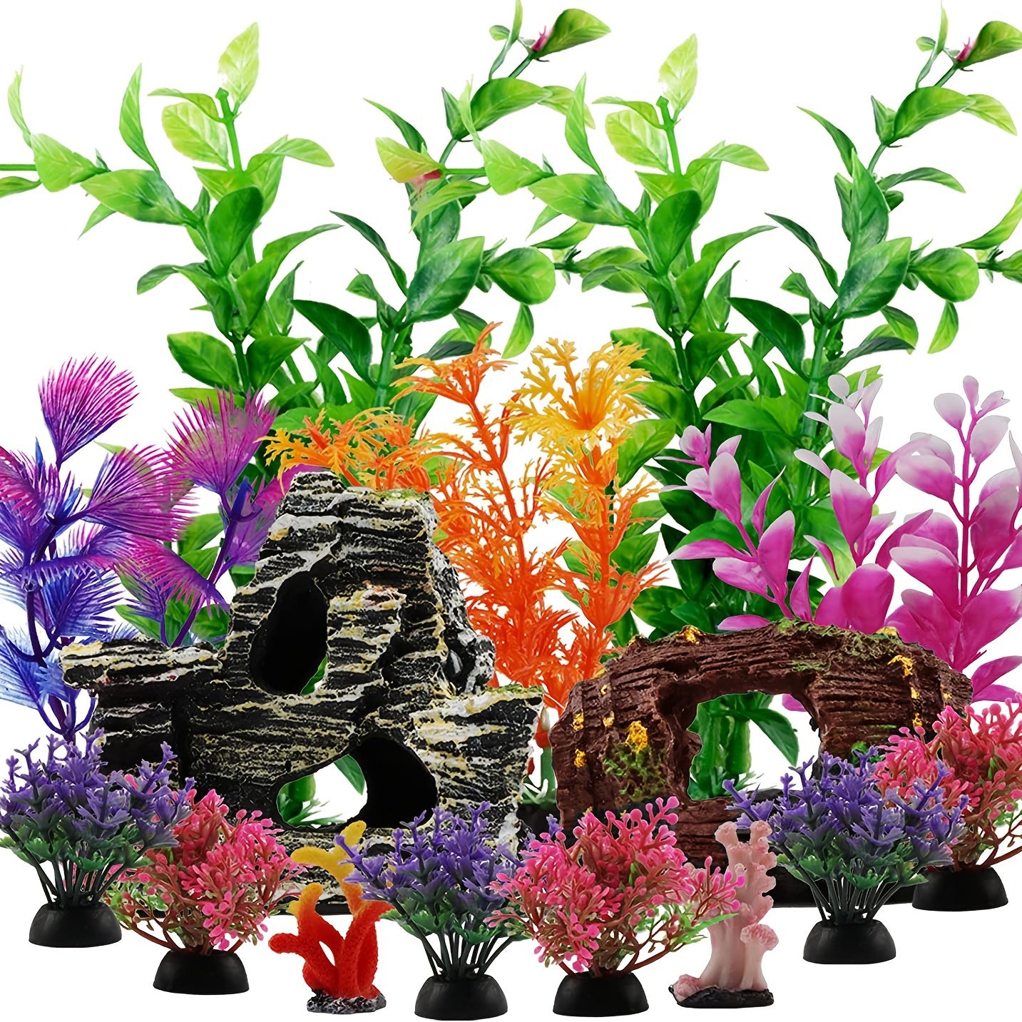 15pcs Fish Tank Decorations Resin Broken Barrel Cave Rock Plastic Plants