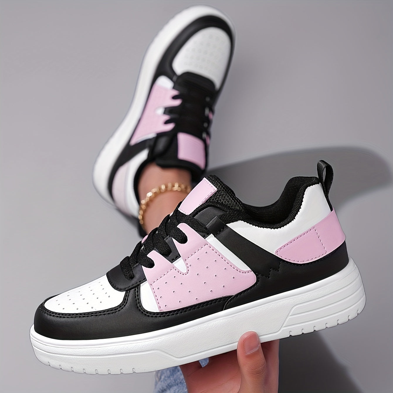 Women's Rose Pink Black Sneakers Breathable Comfortable Lace-Up Casual Shoes