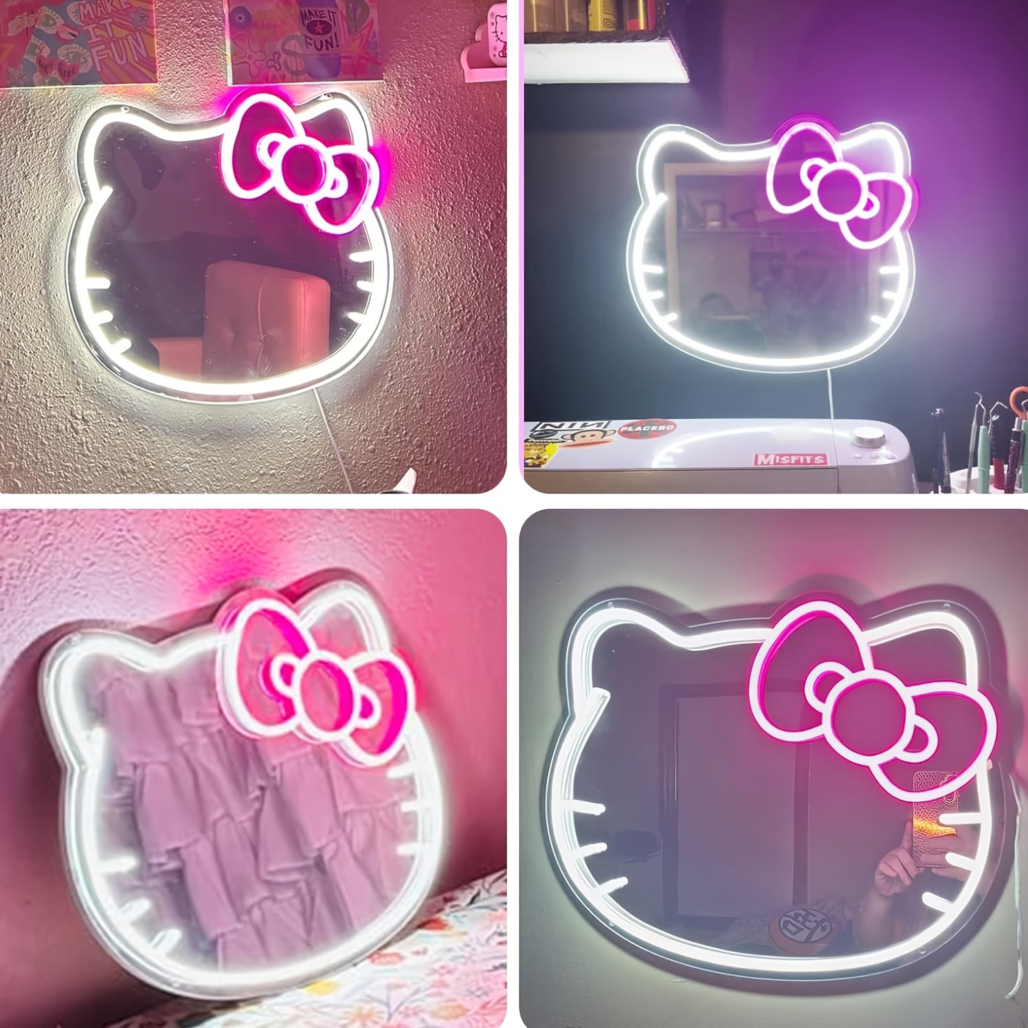 1 dona USB quvvatlangan Hello Kitty multfilm oval LED neon chiroq ko'zgu, turli xonalar uchun dimmable plastik ramka - Yorqin dekor.