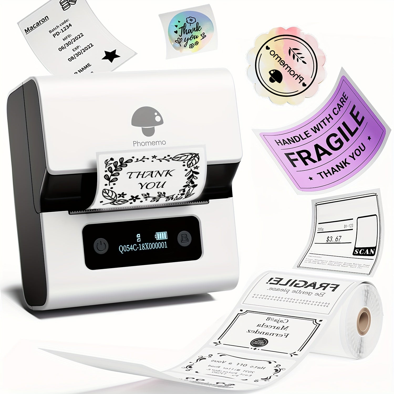 Portable Thermal Label Printer 7.62cm USB Barcode Label Maker for Small Business and Office
