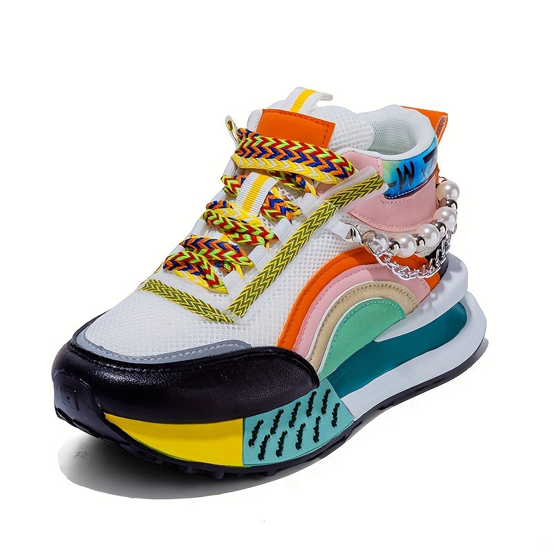 Women’s Fashion Sneakers with Colorful Laces and Bead Embellishments