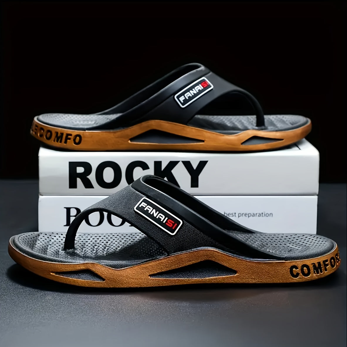 Havo o'tkazuvchi, sirpanmaydigan, katta o'lchamdagi erkaklar moda flip-floplari, rangli blok dizayni bilan, tasodifiy kiyim uchun brendlangan.