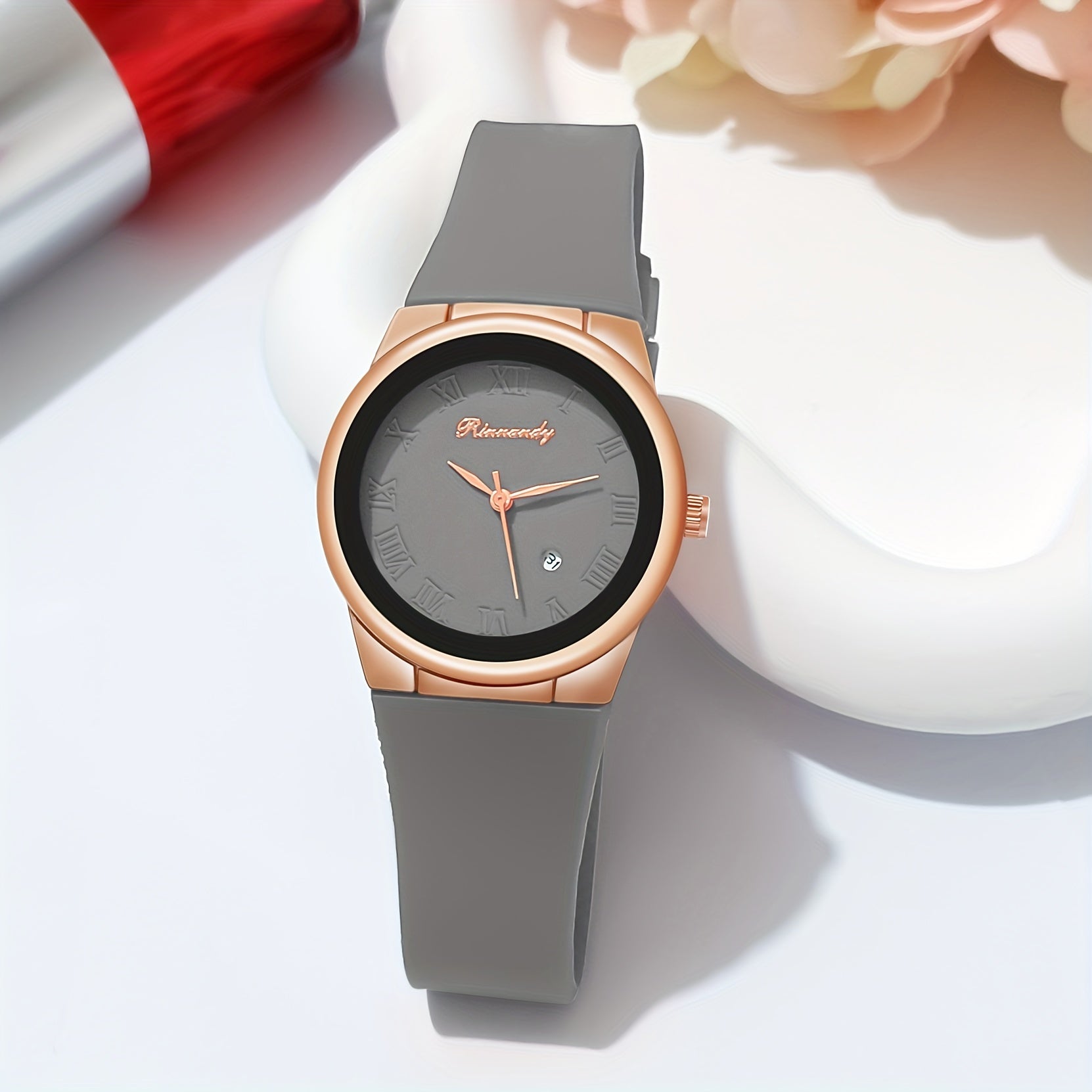 Women Quartz Watch with Silicone Band and Analog Calendar