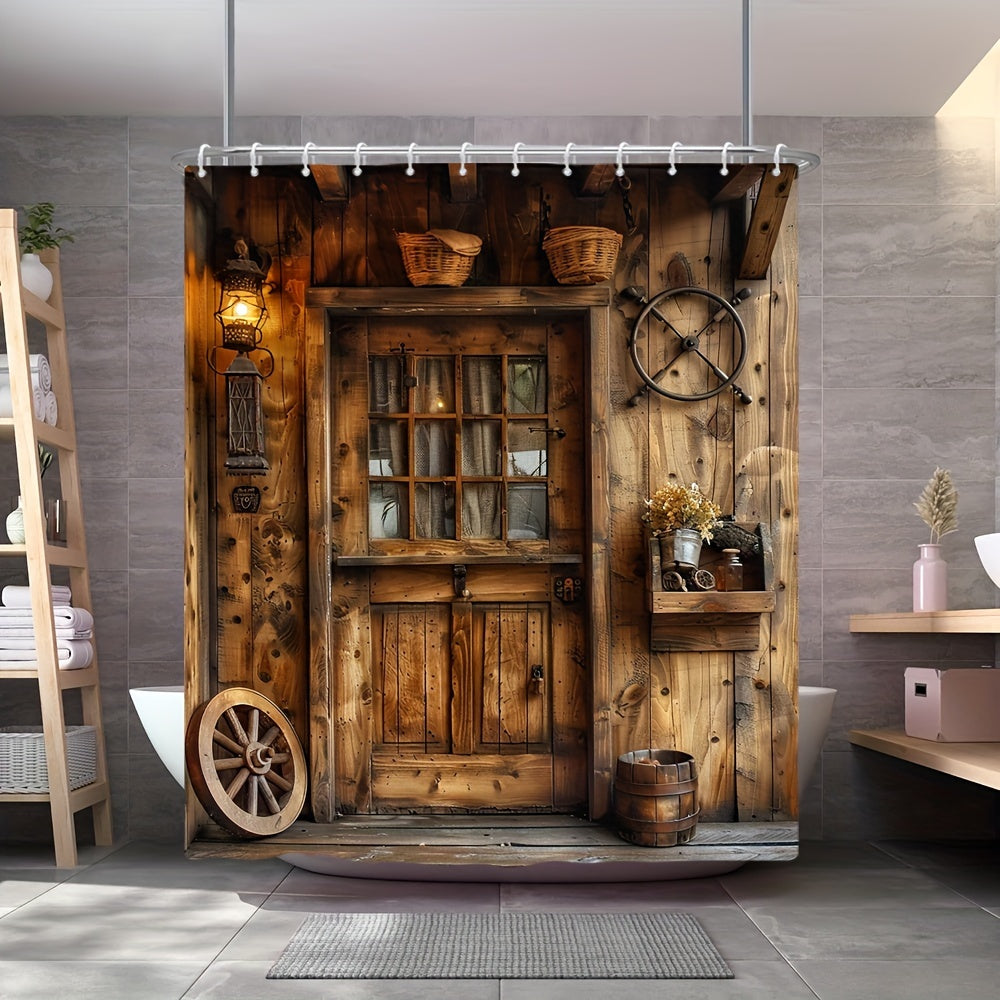Farmhouse Style Shower Curtain Woven Polyester Vintage Wooden Wheel Lantern Design Includes Hooks